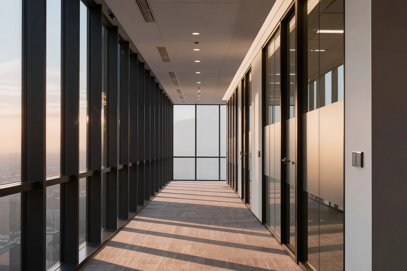 Bürokorridor mit Glasfront und gereinigtem Boden
