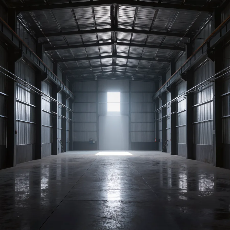 Leere Industriehalle nach der Grundreinigung, Licht durch ein Hochfenster